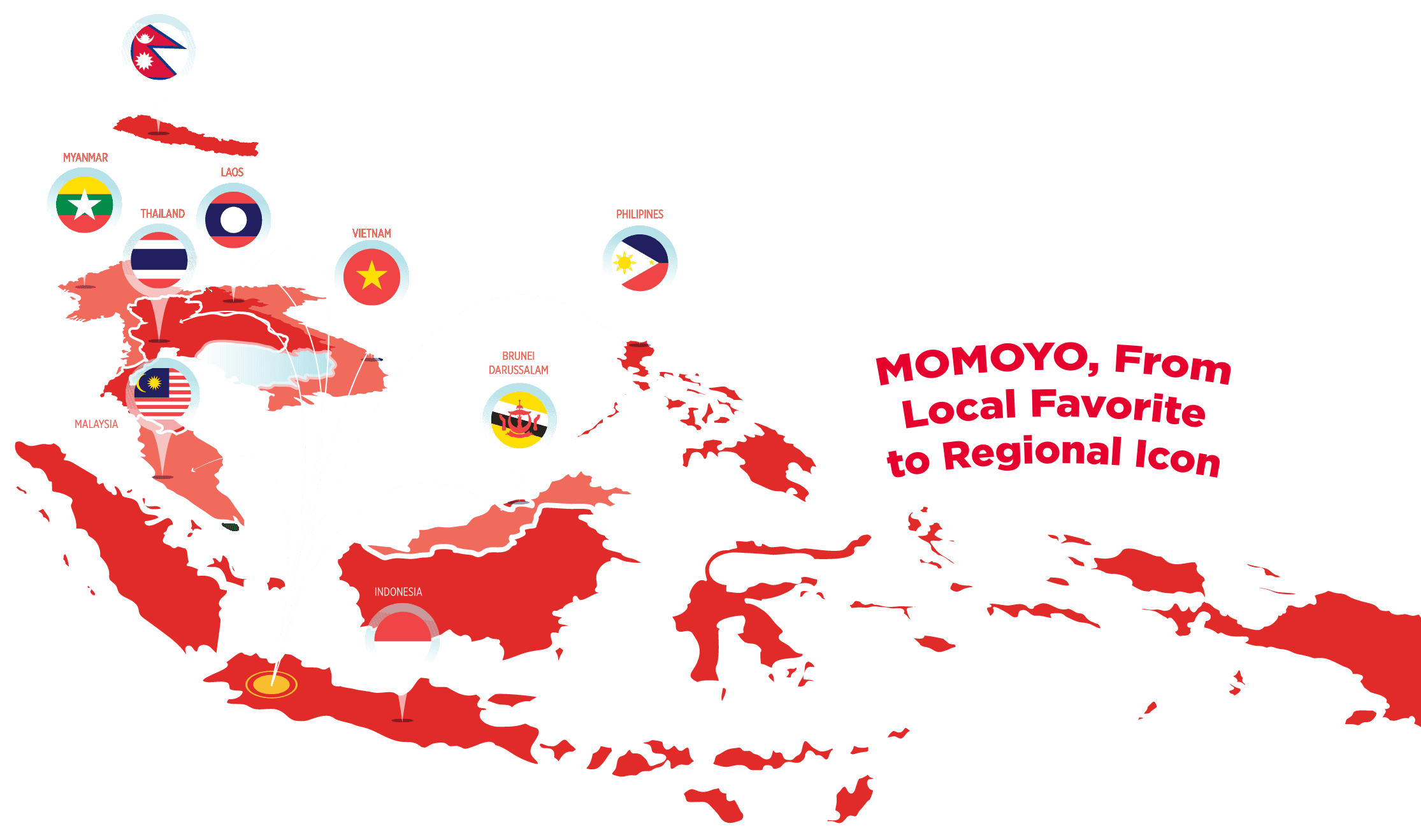 Peta Asia Tenggara dengan tanda lokasi negara operasi MOMOYO, termasuk Indonesia, Brunei, Filipina, Vietnam, Laos, Thailand, Malaysia dan Myanmar.